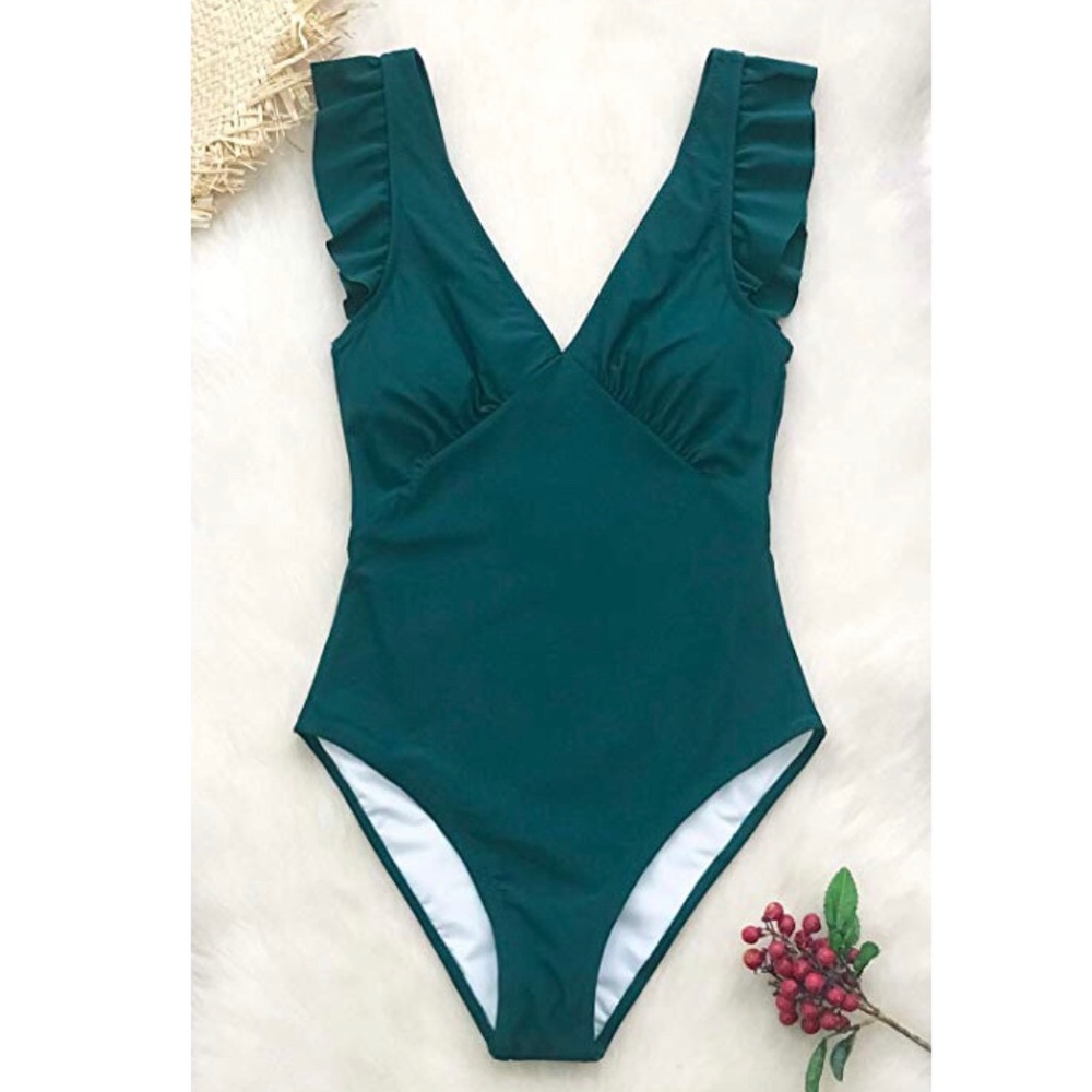Teal One Piece Swimsuit w/ Ruffle Shoulder Detail
